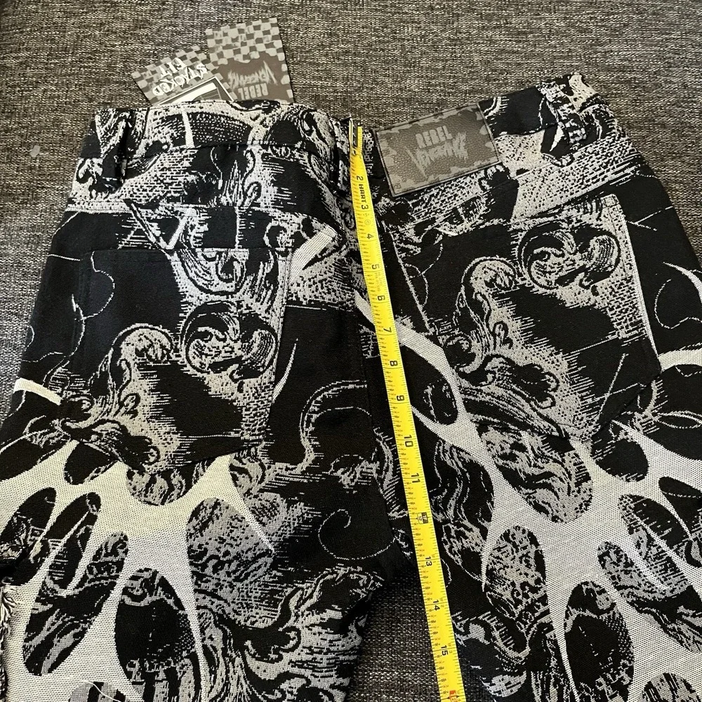 Rebel Vengeance Pants Mens 32x32 Black Flame Tapestry Cargo Gothic Stacked Fit